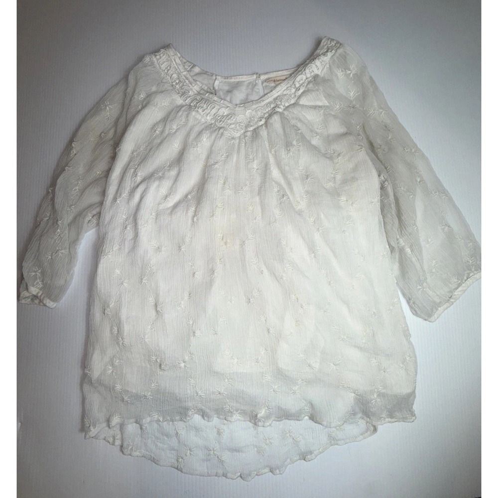 Soft Surroundings XL White Chiffon Embroidered Overlay 3/4 Puff‎ Sleeve Blouse